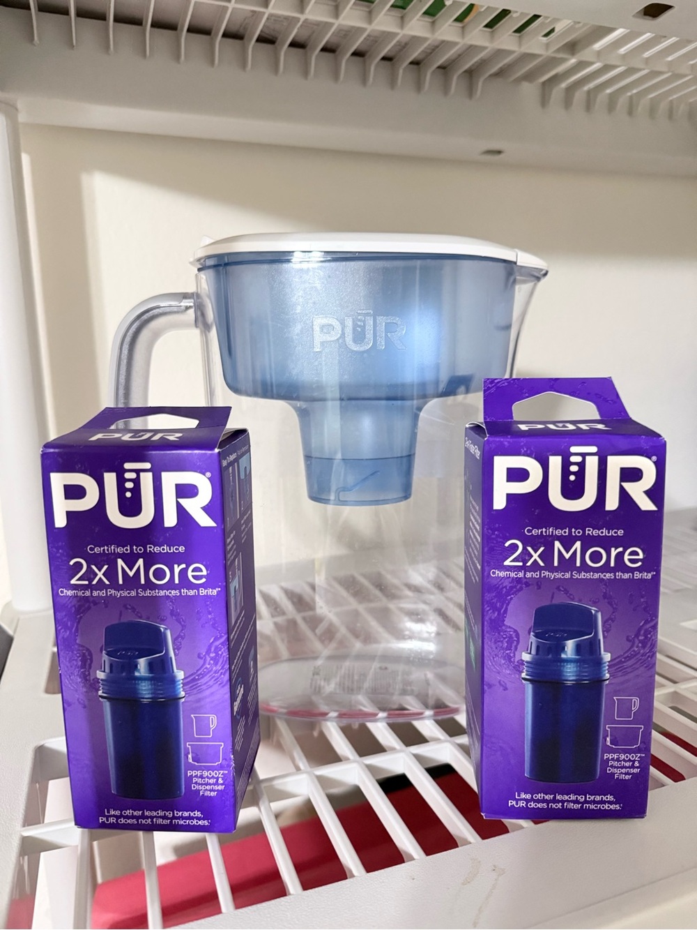 Pur Blue Water Filter Pitcher with Purple Filter Replacement Boxes